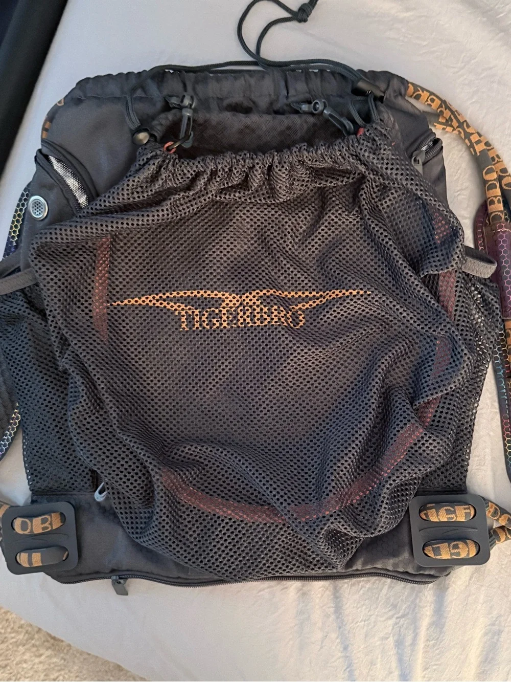 TIGERBRO Black Mesh Daypack with Gold Logo Accents